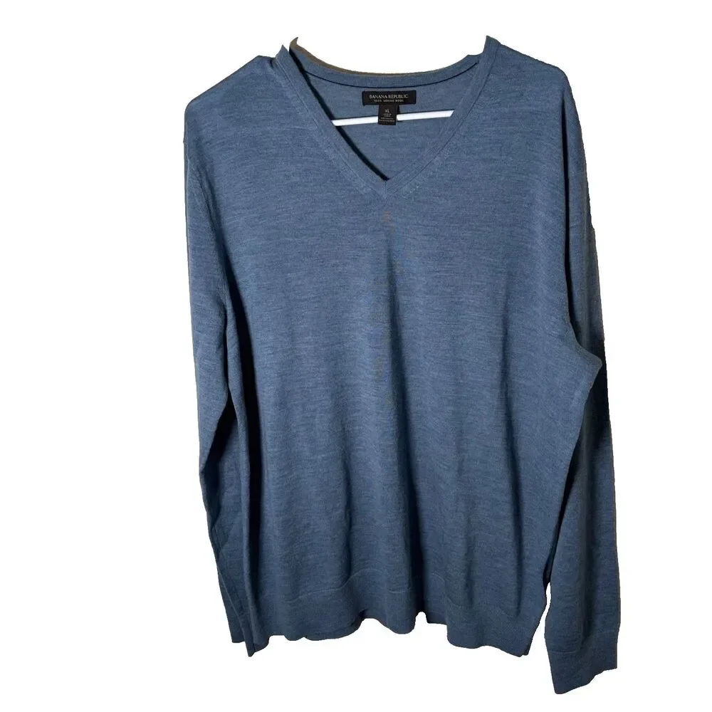 Banana Republic Sweater Men's XL Blue Merino Extra Fine Wool Pullover Knit